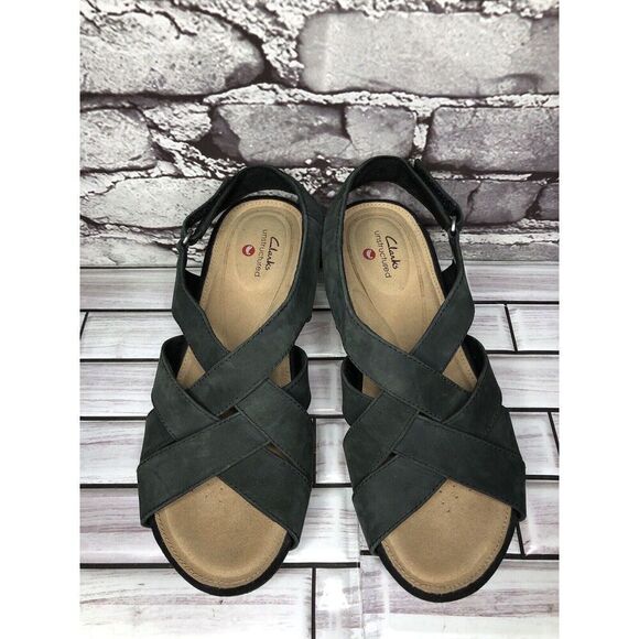 Clarks Unstructured Black Leather Criss Cross Strap Cork Wedge Sandals Women 7M - Picture 2 of 16